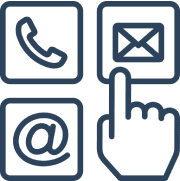 Icons representing phone, email, message, and location communication methods.