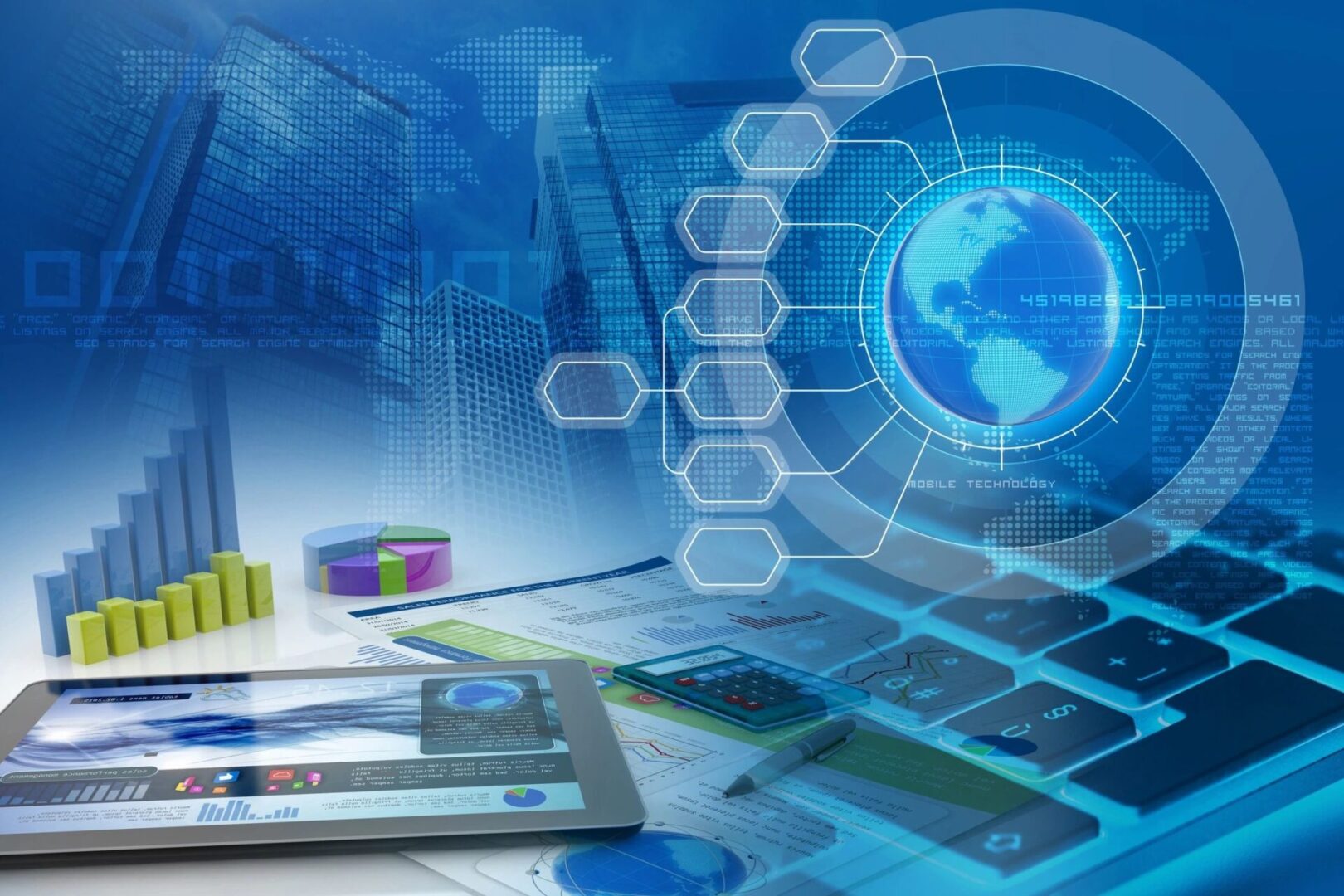Futuristic digital interface with global connectivity and data visualization.